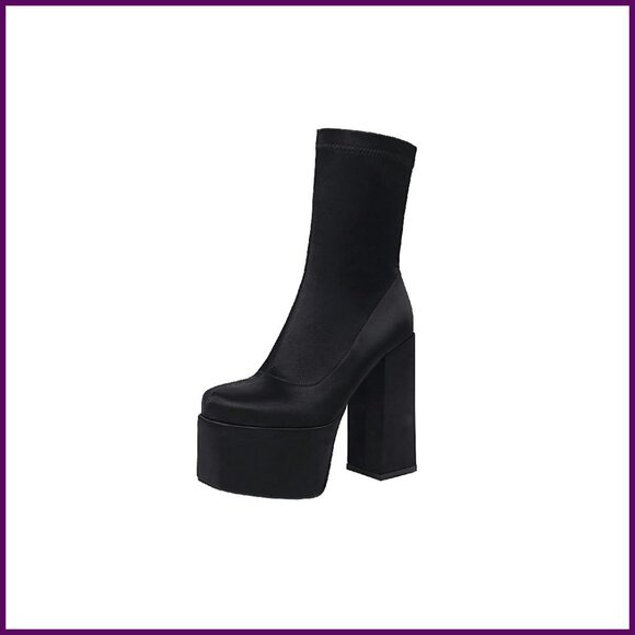 Women's Platform Ankle Boots Chunky Heel Mid-Calf Satin